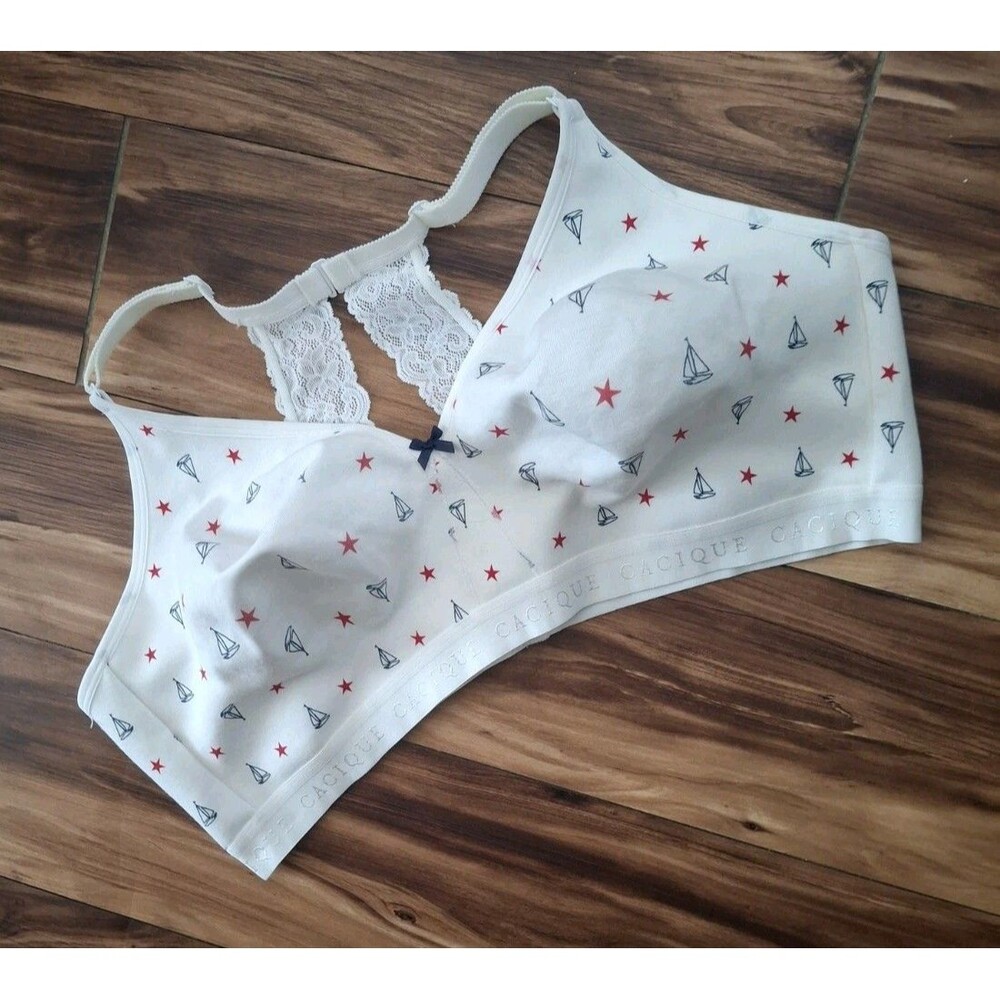 Cacique Unlined Full Coverage No Wire Bra Sz 48DD White Lace Back Nautical Boat